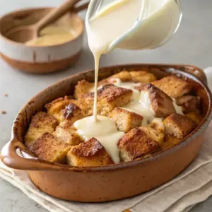 Rustic casserole dish filled with cubed bread pudding and creamy sauce being ladled over it.