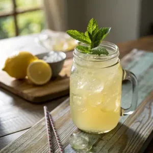 Mason jar filled with ginger lemon drink, ice, and mint on rustic wood.
