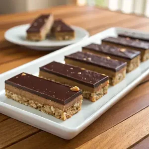 Rectangular date-peanut bars arranged neatly on a ceramic plate, highlighting their rich chocolate layer and peanut pieces.