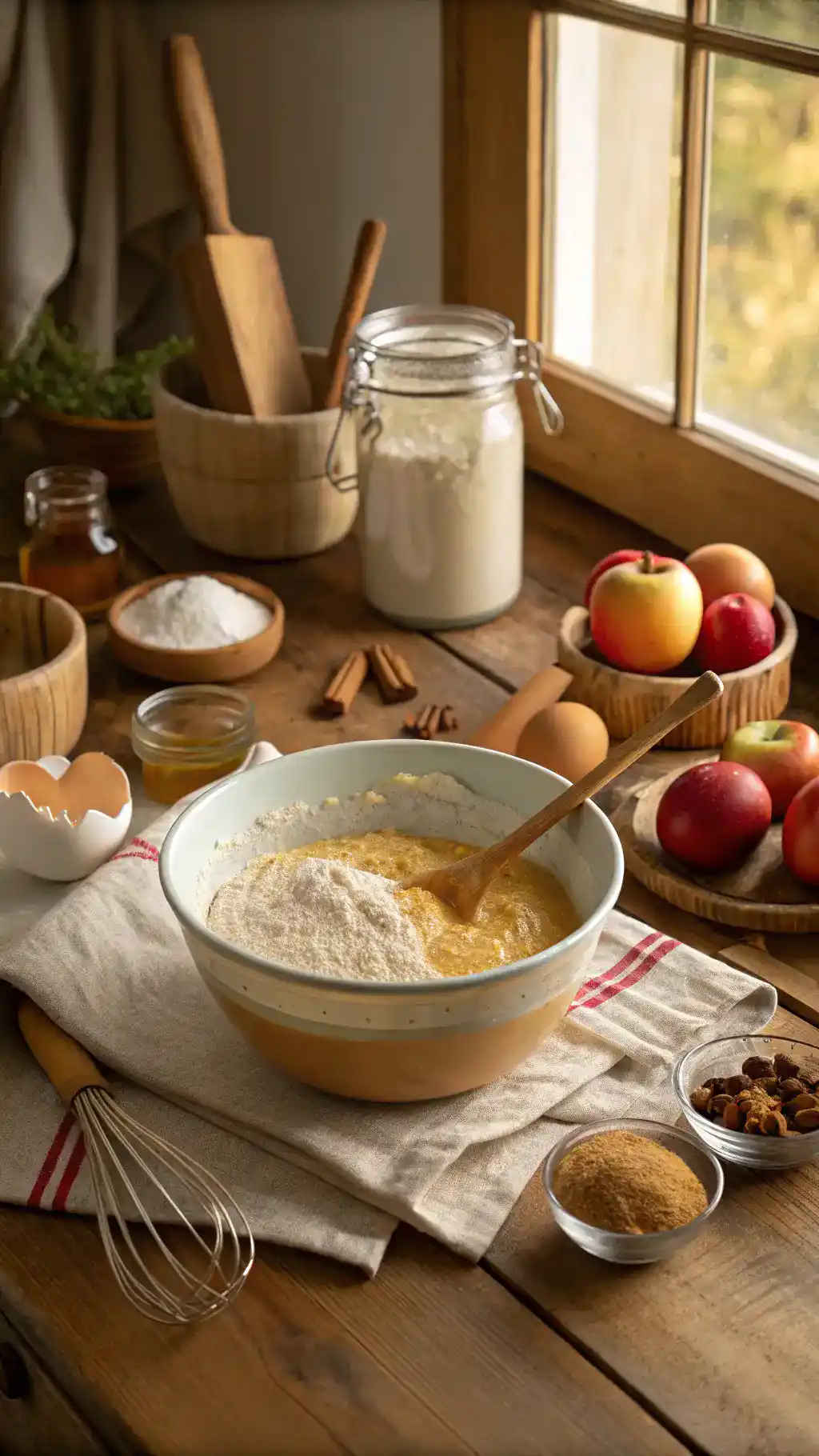 Ingredients for Amish Applesauce Cake laid out on a kitchen counter, including flour, sugar, applesauce, and spices.