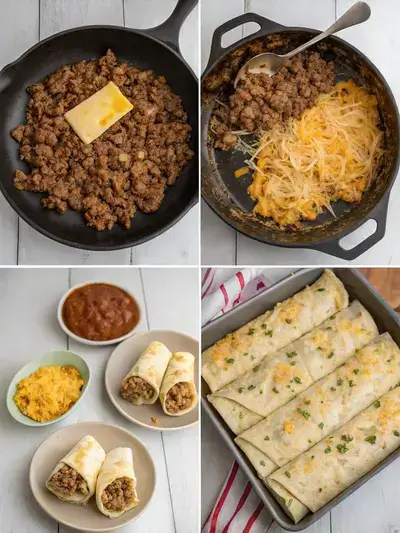 Step-by-step preparation of Beef and Cheese Chimichangas, showcasing the cooking process and final presentation.
