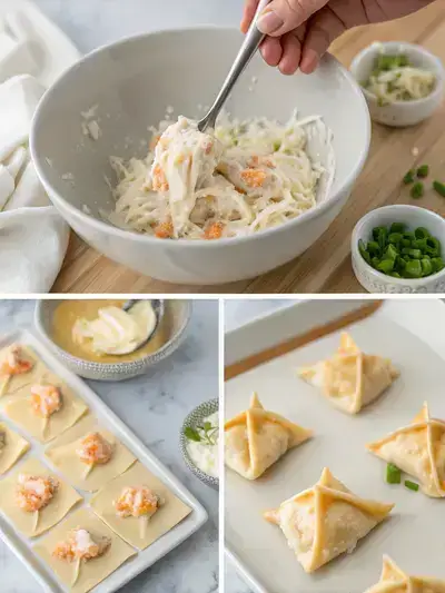 Step-by-step preparation of Crab Rangoon Bombs, including mixing ingredients, assembling wontons, frying, and serving.