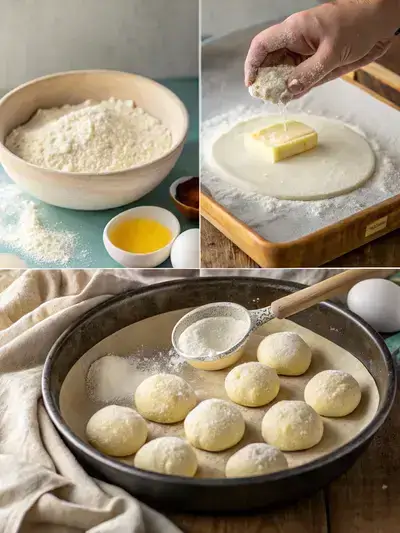 Step-by-step process of making Flour Tortillas, from mixing ingredients to cooking in a pan.