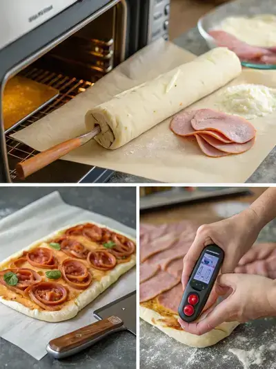 Step-by-step images of preparing Italian Stromboli, from preheating the oven to slicing the finished dish.