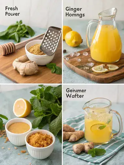 Step-by-step preparation of Natural Mounjaro, showcasing fresh ginger, lemon juice, honey, and mint.
