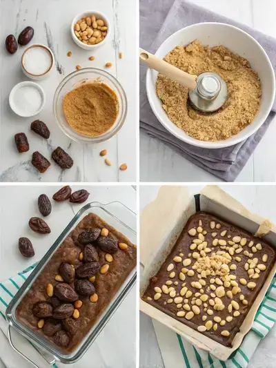 Step-by-step preparation of No Sugar No Flour Bars, showcasing ingredients and final product.