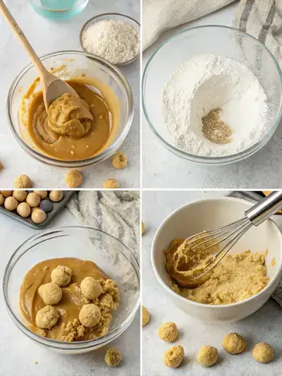 Step-by-step preparation of Peanut Butter Cookie Dough Balls, showcasing the mixing and rolling process.