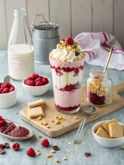 Step-by-step preparation of a Refreshing Raspberry Cheesecake Freakshake, showcasing ingredients, blending, and final presentation.