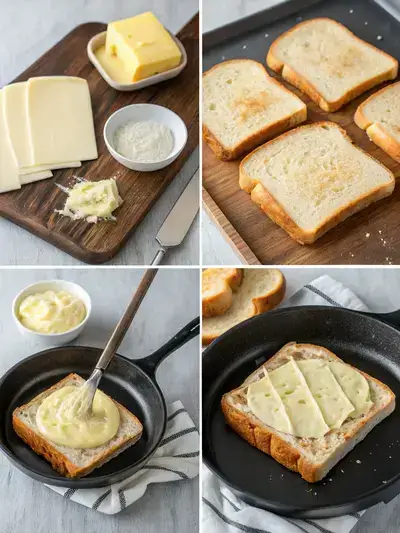 Step-by-step images of making a pepper jack cheese sandwich, from spreading butter and mayonnaise to grilling and serving.