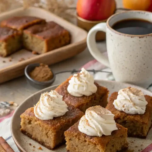 Slices of Amish Applesauce Cake served with whipped cream and coffee.