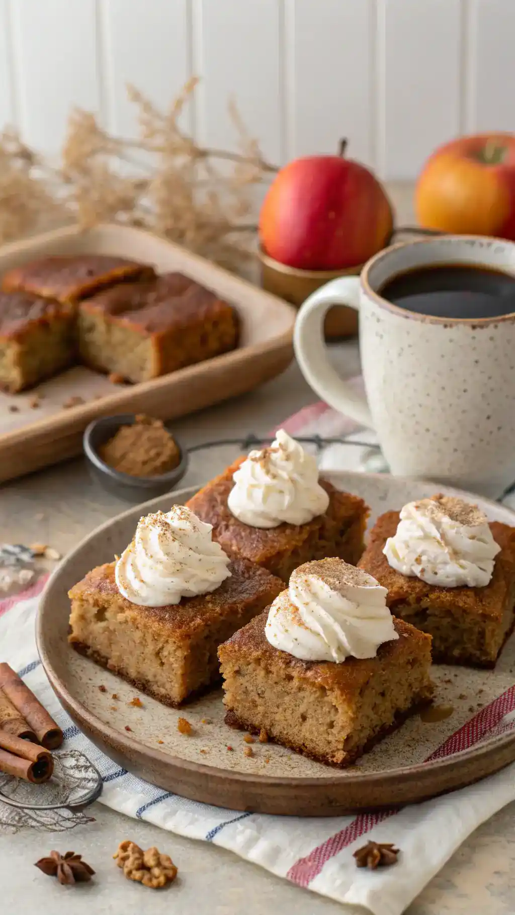Slices of Amish Applesauce Cake served with whipped cream and coffee.