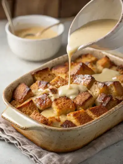 Close-up of golden-brown bread pudding in a rustic dish with vanilla sauce being poured over it.