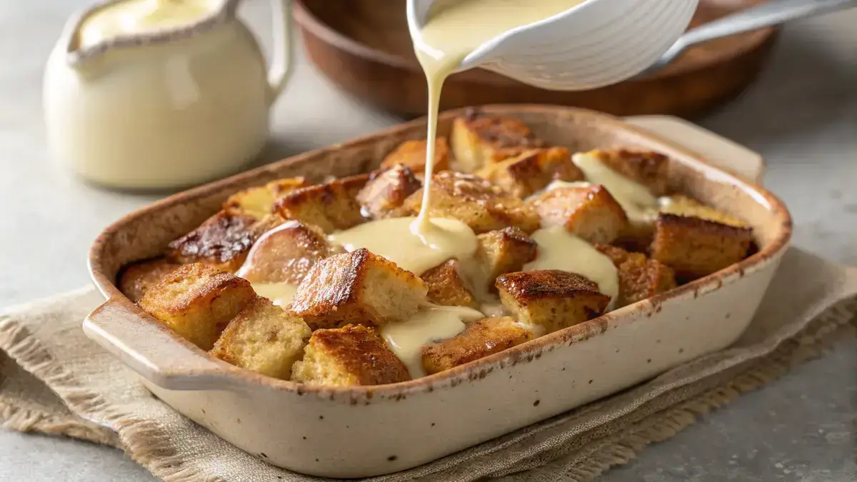 Close-up of golden-brown bread pudding in a rustic dish with vanilla sauce being poured over it.