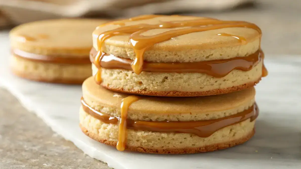 Two stacked caramel cheesecake sandwich cookies with a golden exterior and creamy filling, drizzled with caramel sauce.