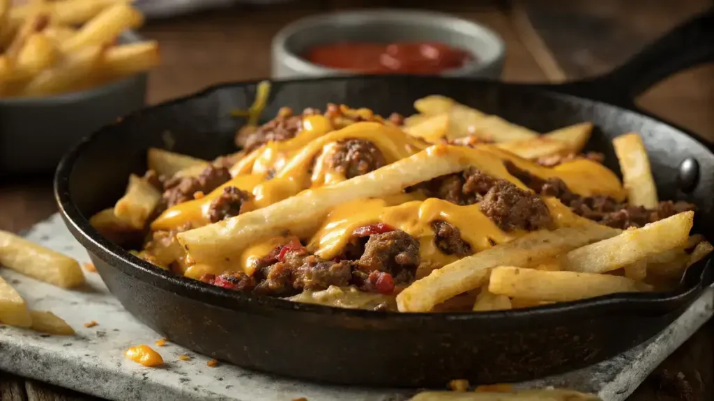 Close-up of a cheeseburger French fry casserole in a skillet, with melted cheddar cheese and golden fries.