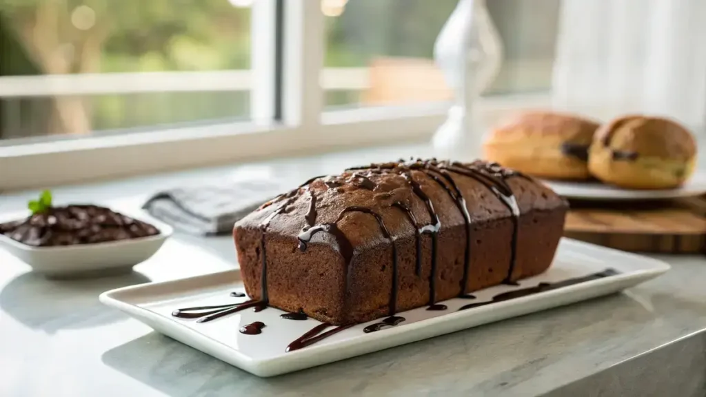 Close-up of Hot Fudge Brownie Bread drizzled with dark fudge sauce on a white plate.
