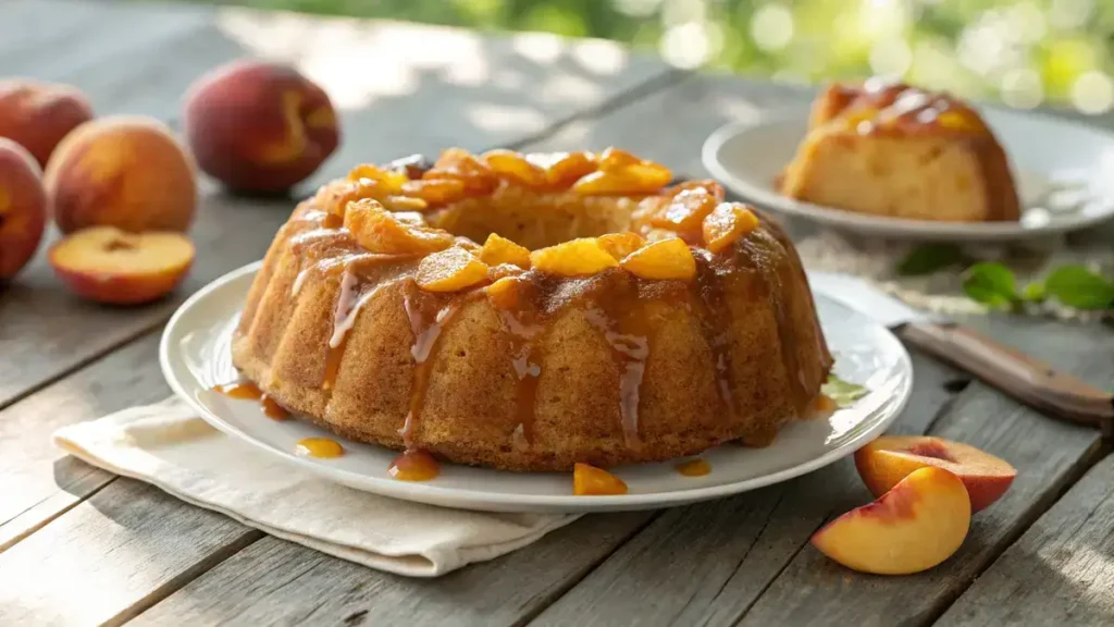 Close-up of a golden-brown peach cobbler pound cake with caramel glaze and peach chunks on a white plate