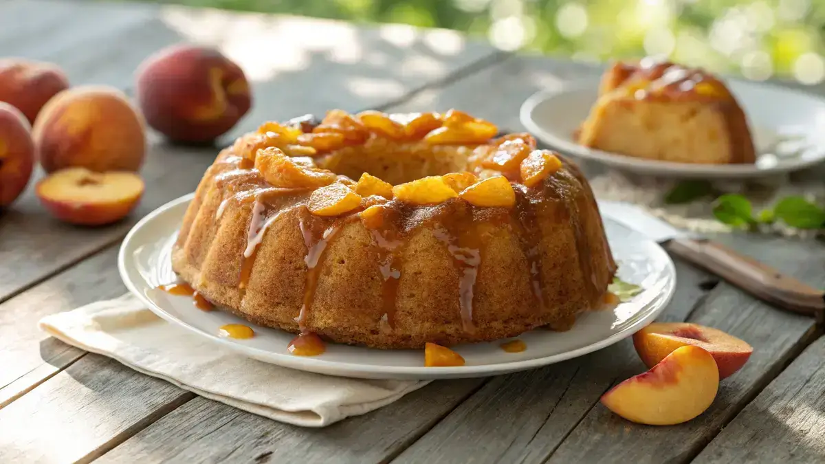 Close-up of a golden-brown peach cobbler pound cake with caramel glaze and peach chunks on a white plate