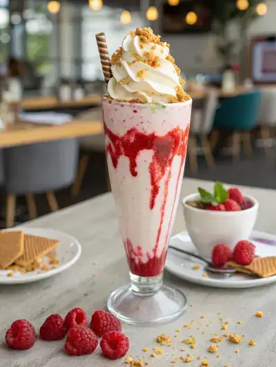 A tall glass of Refreshing Raspberry Cheesecake Freakshake with whipped cream and raspberries on top, set against a blurred café backdrop.