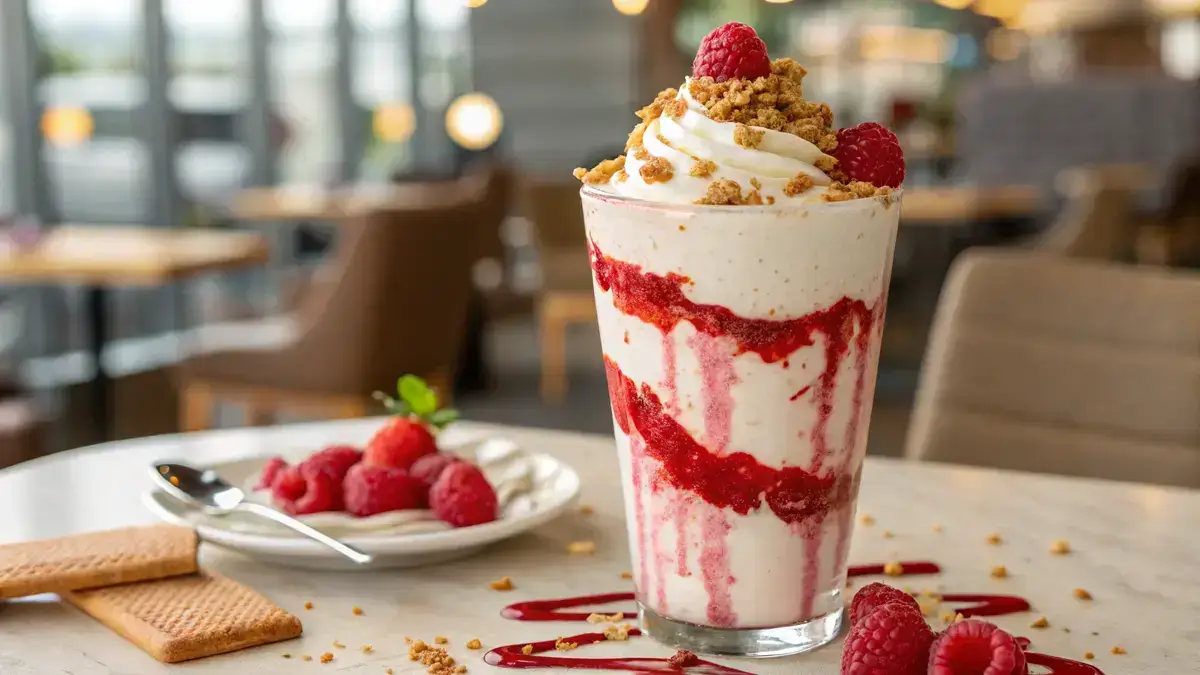 A tall glass of Refreshing Raspberry Cheesecake Freakshake with whipped cream and raspberries on top, set against a blurred café backdrop.