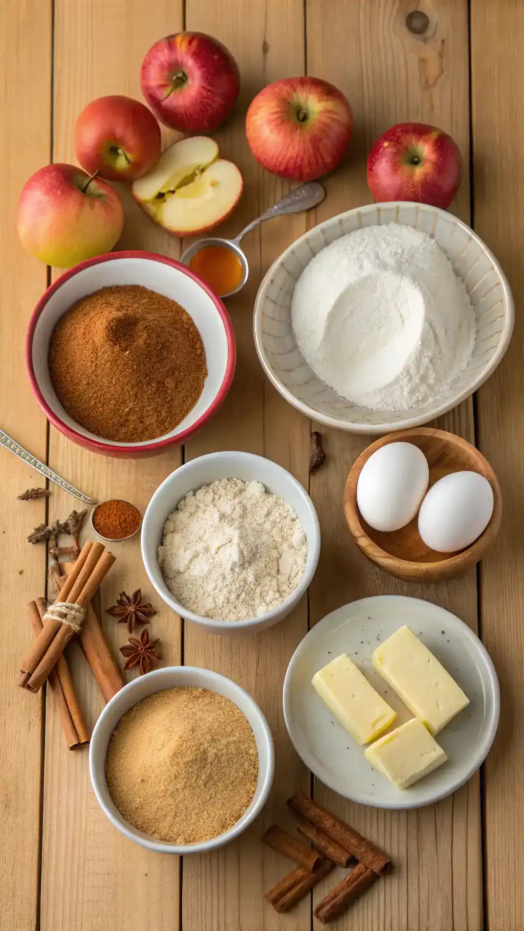 Aesthetic arrangement of ingredients for Amish Applesauce Cake on a wooden table.