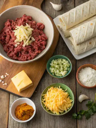 Ingredients for Beef and Cheese Chimichangas displayed on a wooden countertop, including ground beef, cheese, tortillas, and seasonings.