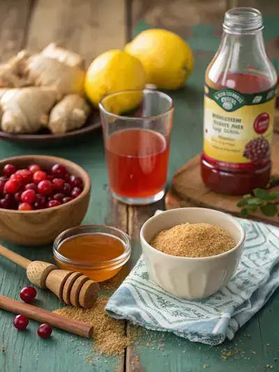 Ingredients for Brazilian Mounjaro Drink displayed on a wooden table, including apple cider vinegar, ginger, lemon, and more.