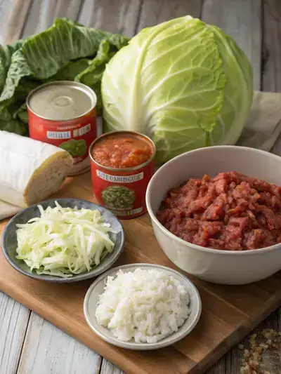 Ingredients for Cabbage Roll Casserole displayed on a wooden table, including cabbage, ground beef, tomato sauce, and more.