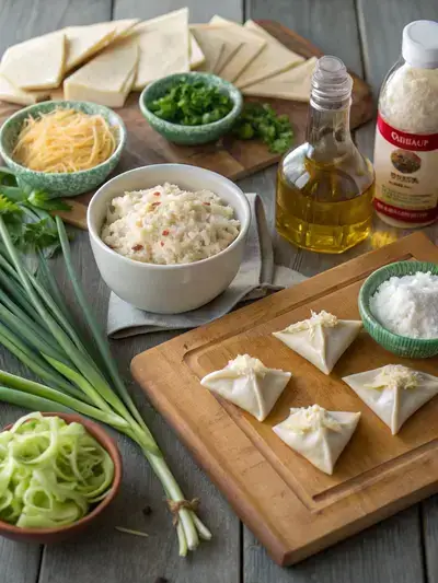 Fresh ingredients for Crab Rangoon Bombs displayed on a wooden countertop.
