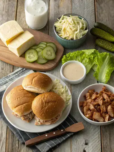 Ingredients for Crock Pot Ranch Chicken Sandwiches including chicken, ranch seasoning, cream cheese, chicken broth, bacon, sandwich buns, and toppings.