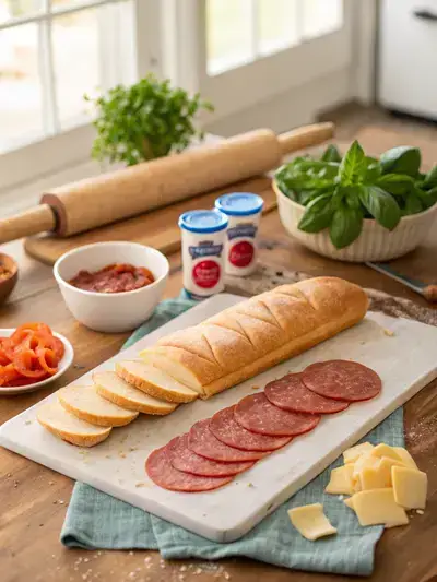 Ingredients for Italian Stromboli including pizza crust, ham, salami, pepperoni, and provolone cheese on a wooden counter.