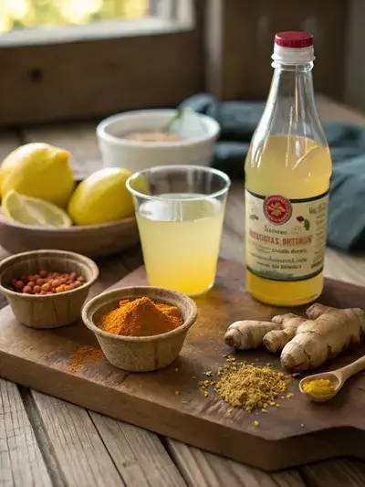 Ingredients for Mounjaro Drink displayed on a wooden countertop, including cold water, apple cider vinegar, lemon juice, turmeric, ginger powder, honey, and cayenne pepper