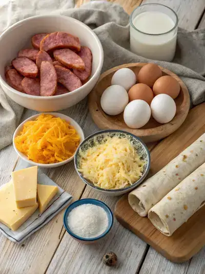 Ingredients for Sausage, Egg & Cheese Breakfast Roll-Ups including sausage, eggs, cheese, milk, tortillas, and seasonings on a wooden countertop.