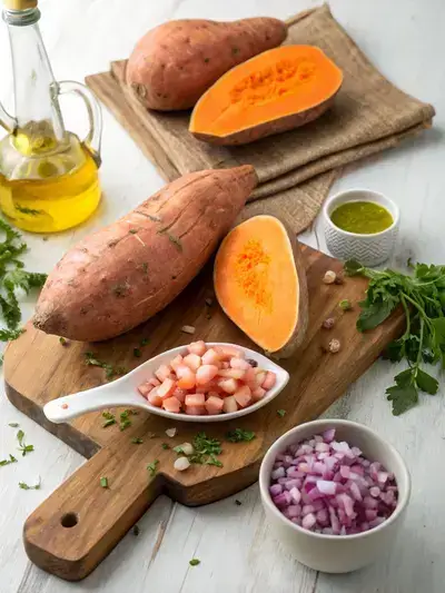 Fresh ingredients for Sweet Potato Boats including sweet potatoes, chopped onion, and olive oil on a wooden cutting board.