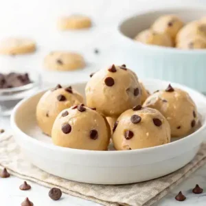 Peanut butter cookie dough balls arranged on a ceramic plate with a bright background