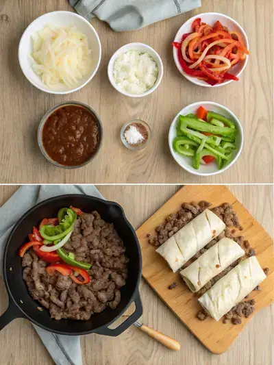 Step-by-step images of preparing Keto Philly Cheesesteak Roll-Ups, showcasing ingredients, cooking process, and final presentation.