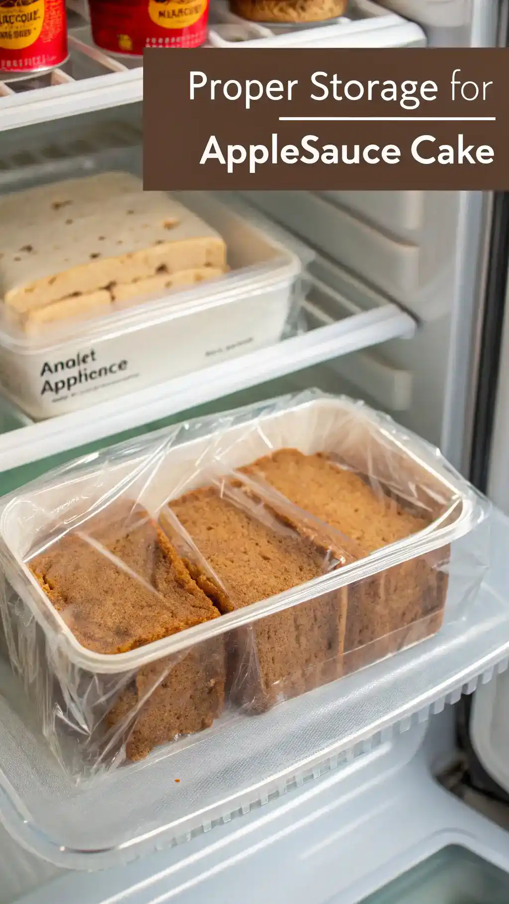 Proper storage methods for Amish Applesauce Cake, with wrapped slices and a container.