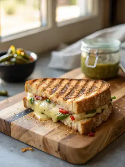 Close-up of a grilled pepper jack cheese sandwich with melted cheese oozing from golden-brown sourdough bread on a wooden cutting board.