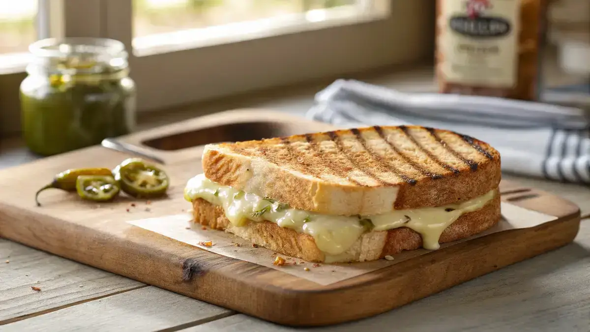 Close-up of a grilled pepper jack cheese sandwich with melted cheese oozing from golden-brown sourdough bread on a wooden cutting board.