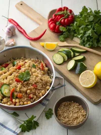 Ingredients and cooking process for Mounjaro Natural Recipe displayed on a wooden countertop.