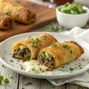 Keto Philly Cheesesteak Roll-Ups filled with cheese and beef, garnished with parsley on a rustic wooden table.
