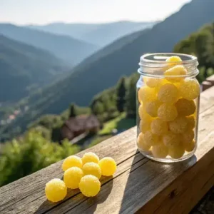 Bright yellow lemon drops in a glass jar on a wooden ledge with a scenic mountain view.