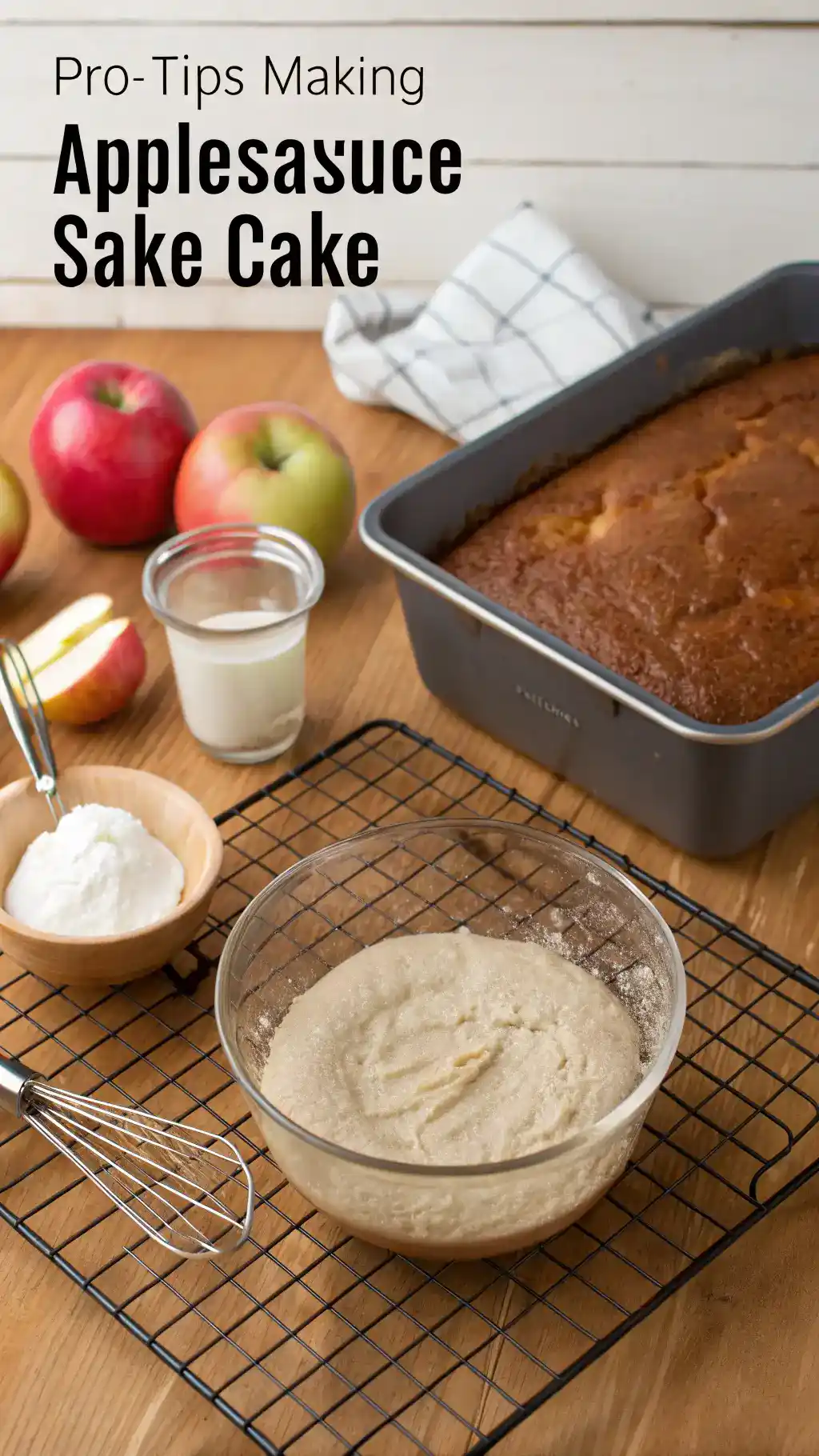 Pro tips for making Amish Applesauce Cake, including homemade applesauce and a cooling cake.