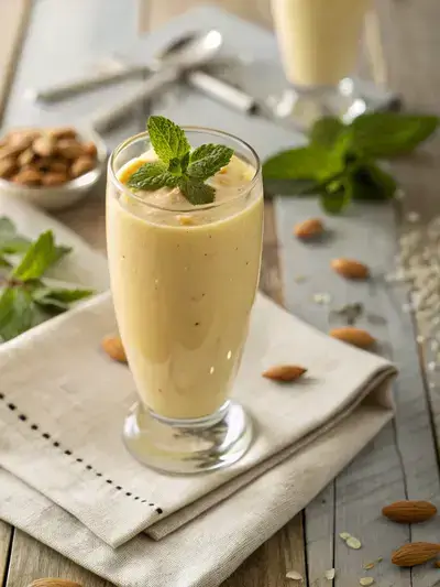Close-up of a creamy pale yellow smoothie in a clear glass with mint on top, set on a wooden table.