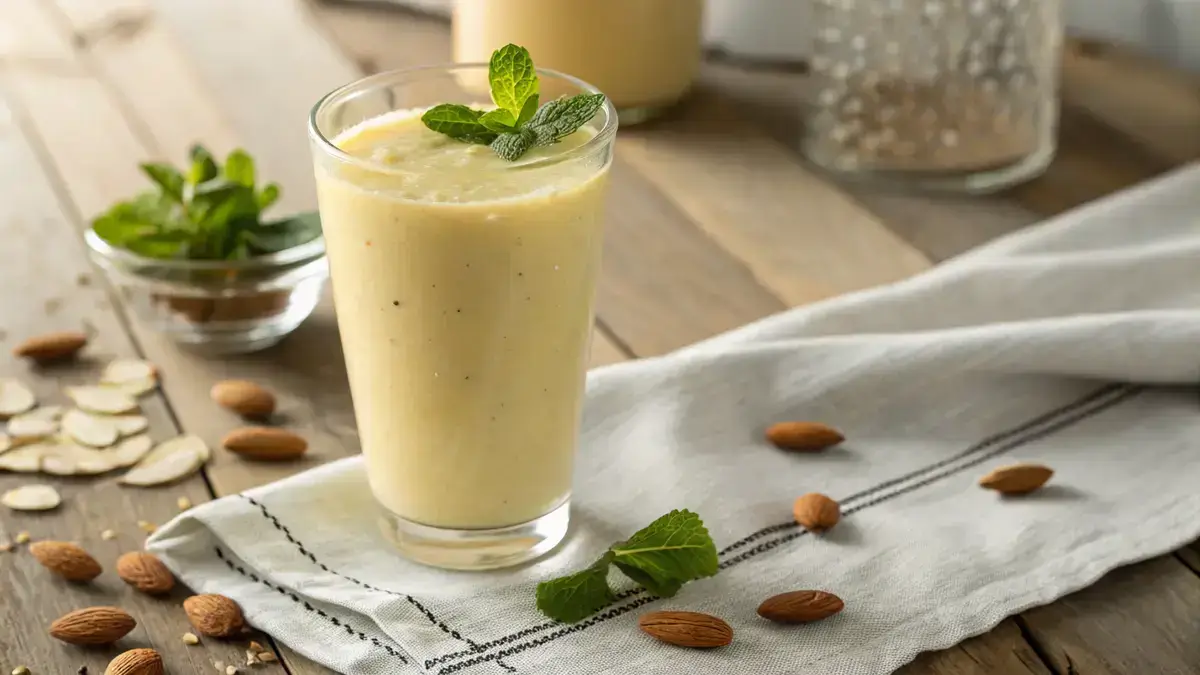 Close-up of a creamy pale yellow smoothie in a clear glass with mint on top, set on a wooden table.