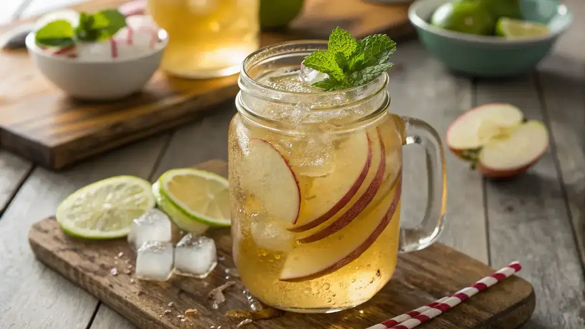 Close-up of a mason jar with Brazilian Mounjaro Drink, featuring ice cubes and fruit slices.