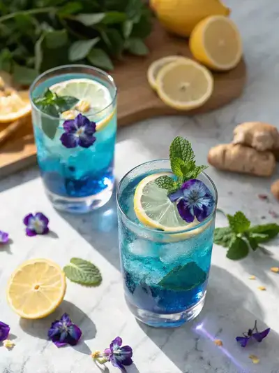 Close-up of two glasses with blue-to-purple detox tonic, garnished with lemon, mint, and butterfly pea flowers on a marble countertop.