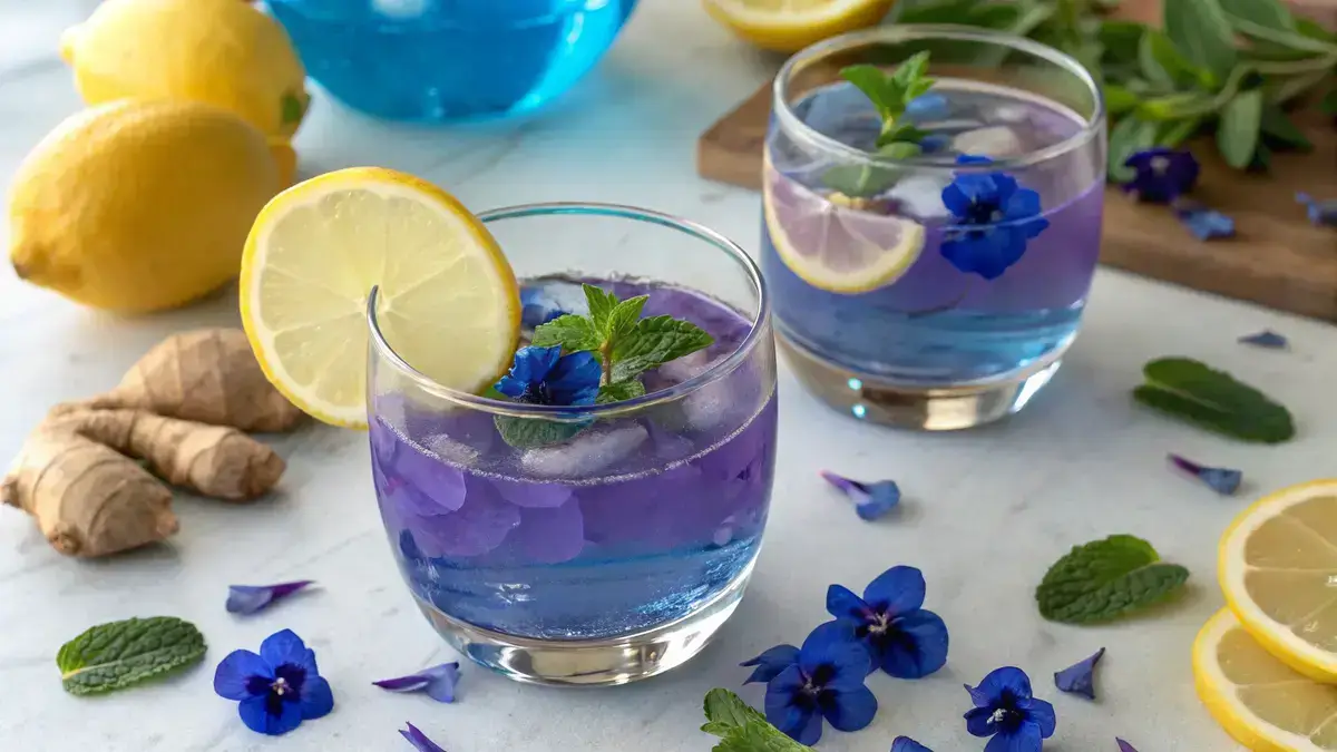 Close-up of two glasses with blue-to-purple detox tonic, garnished with lemon, mint, and butterfly pea flowers on a marble countertop.