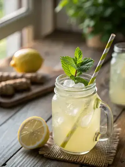 Close-up of a ginger lemon drink in a mason jar with mint and lemon slice on a wooden table.