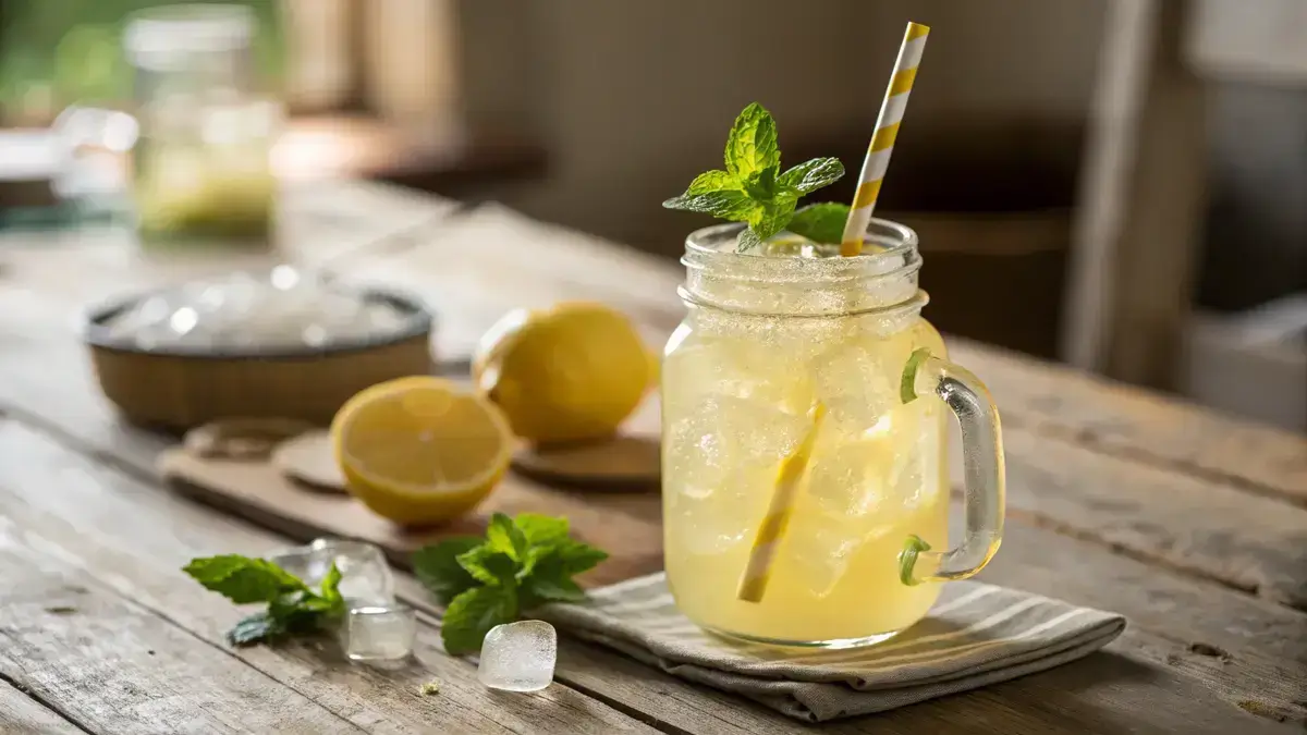 Close-up of a ginger lemon drink in a mason jar with mint and lemon slice on a wooden table.